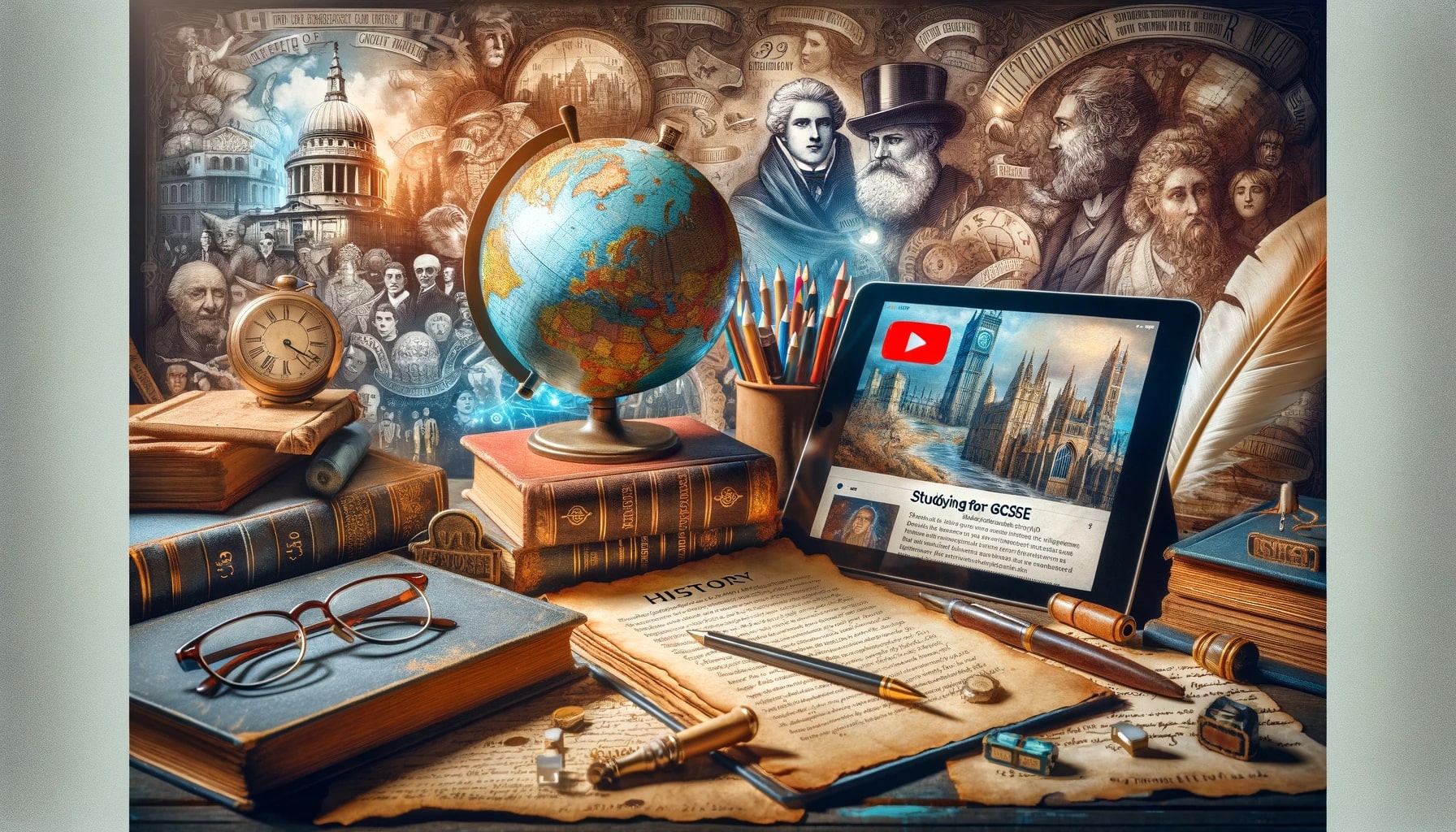 An inspiring and educational feature image that represents studying for history GCSE. The image includes a stack of history textbooks, a pair of glass