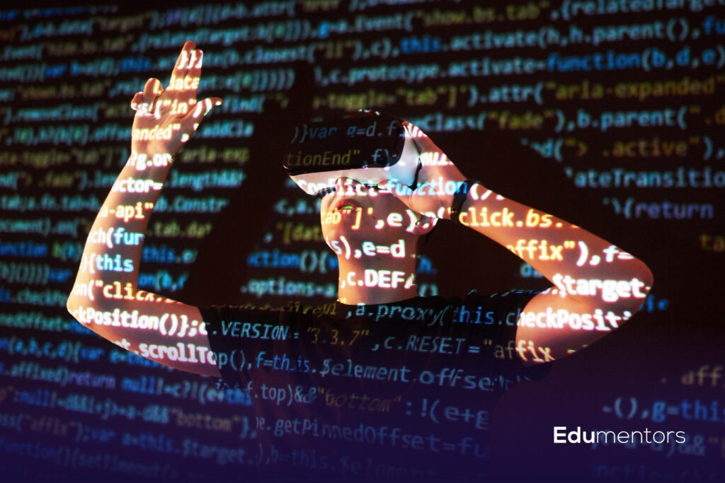 A student surrounded by projected computer code, representing programming, software development and digital technology.