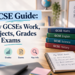GCSE guide cover with Maths, English, Science and History books, revision notes and icons for subjects, grades and exams.
