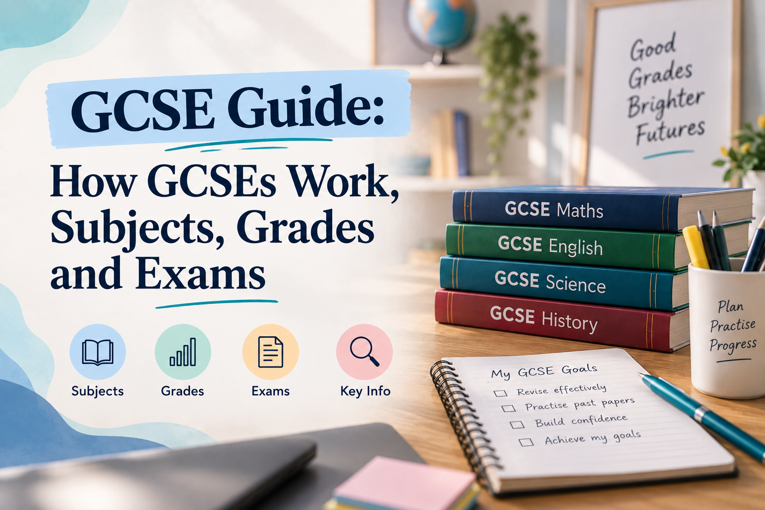 GCSE guide cover with Maths, English, Science and History books, revision notes and icons for subjects, grades and exams.