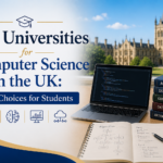 Blog cover showing a UK university campus, coding laptop and Computer Science books for a guide to the top universities for Computer Science UK.