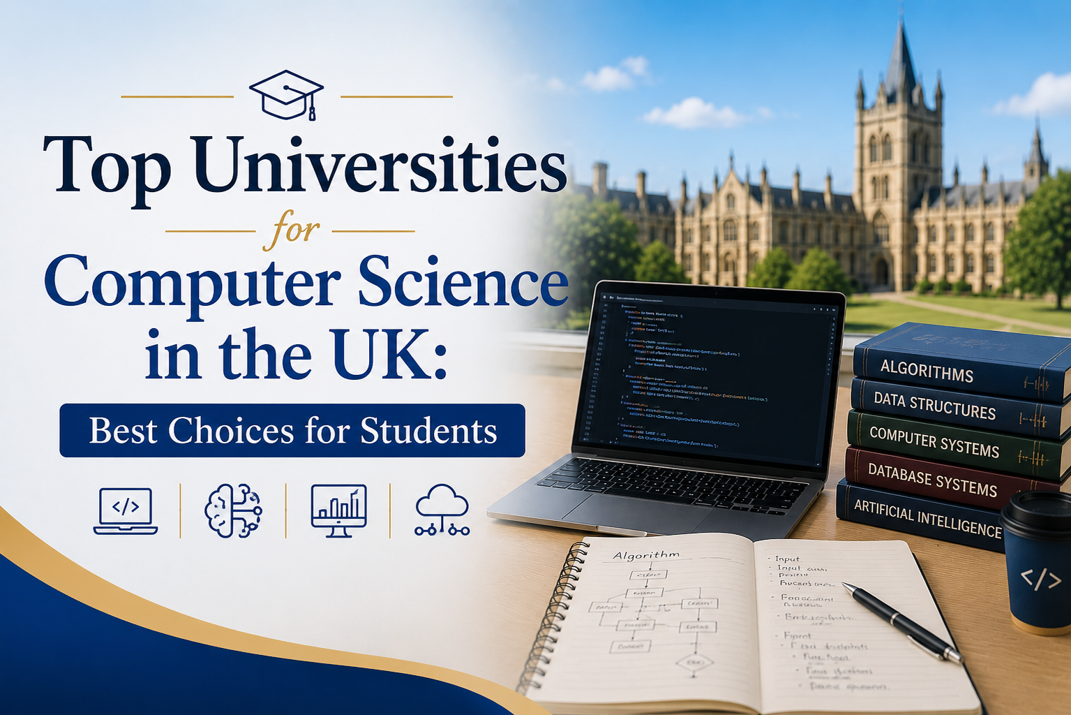 Blog cover showing a UK university campus, coding laptop and Computer Science books for a guide to the top universities for Computer Science UK.