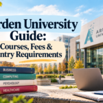 Arden University guide to courses, fees and entry requirements, with textbooks and a laptop outside an illustrated campus.