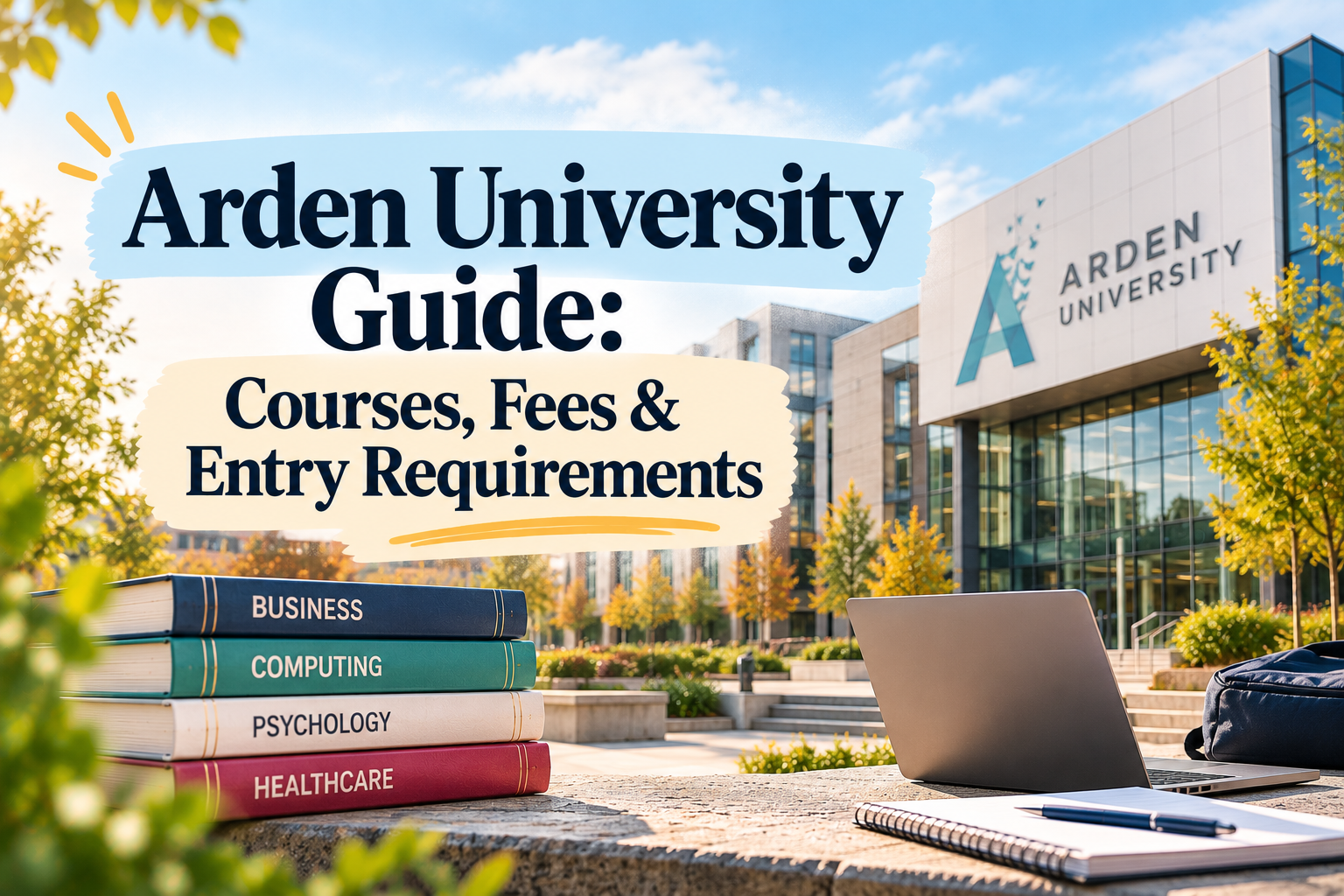 Arden University guide to courses, fees and entry requirements, with textbooks and a laptop outside an illustrated campus.