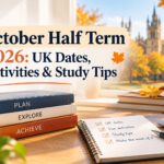 October Half Term 2026: UK Dates, Activities & Study Tips cover with books, a study planner and autumn leaves