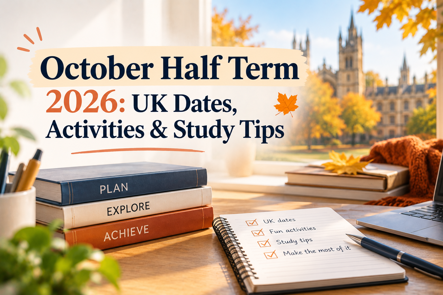 October Half Term 2026: UK Dates, Activities & Study Tips cover with books, a study planner and autumn leaves