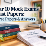 Year 10 mock exams past papers cover showing free papers and answers, GCSE textbooks and practice exam sheets.